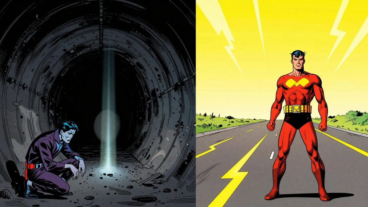 Split comic panel comparing vanishing gradients in dark tunnels vs stable flows in bright highways