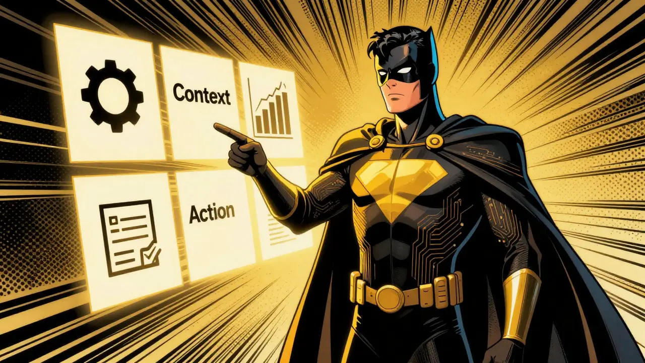 Superhero AI consultant explaining structured prompting steps to a developer in retro comic art.