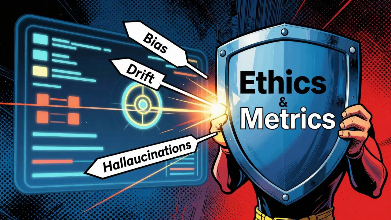 Superhero defending against AI risks like bias and drift using ethics and metrics shields.