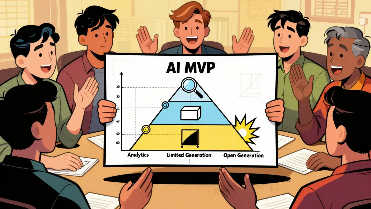 Team discussing AI MVP tiers with analytics, limited generation, and open generation concepts.