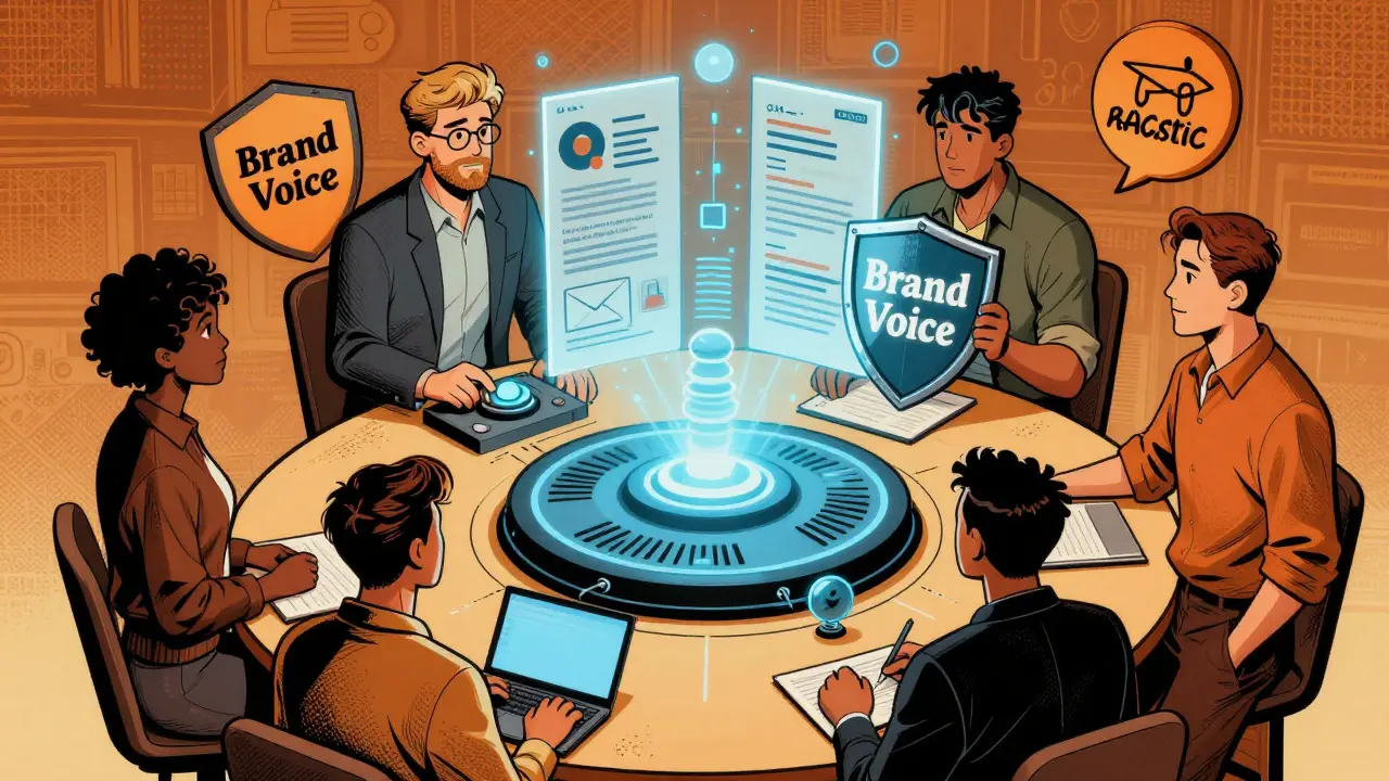 Team managing AI workflows with brand voice shield