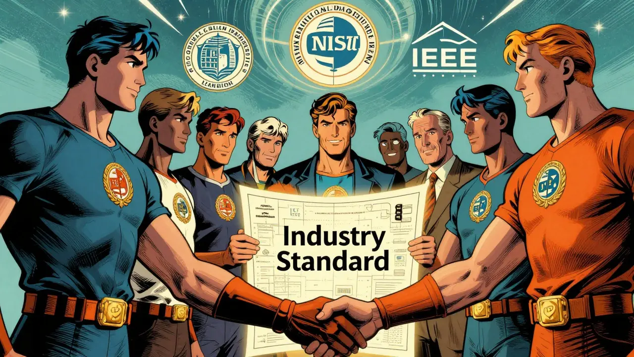 Tech heroes uniting around a safety blueprint under official seals in retro art.