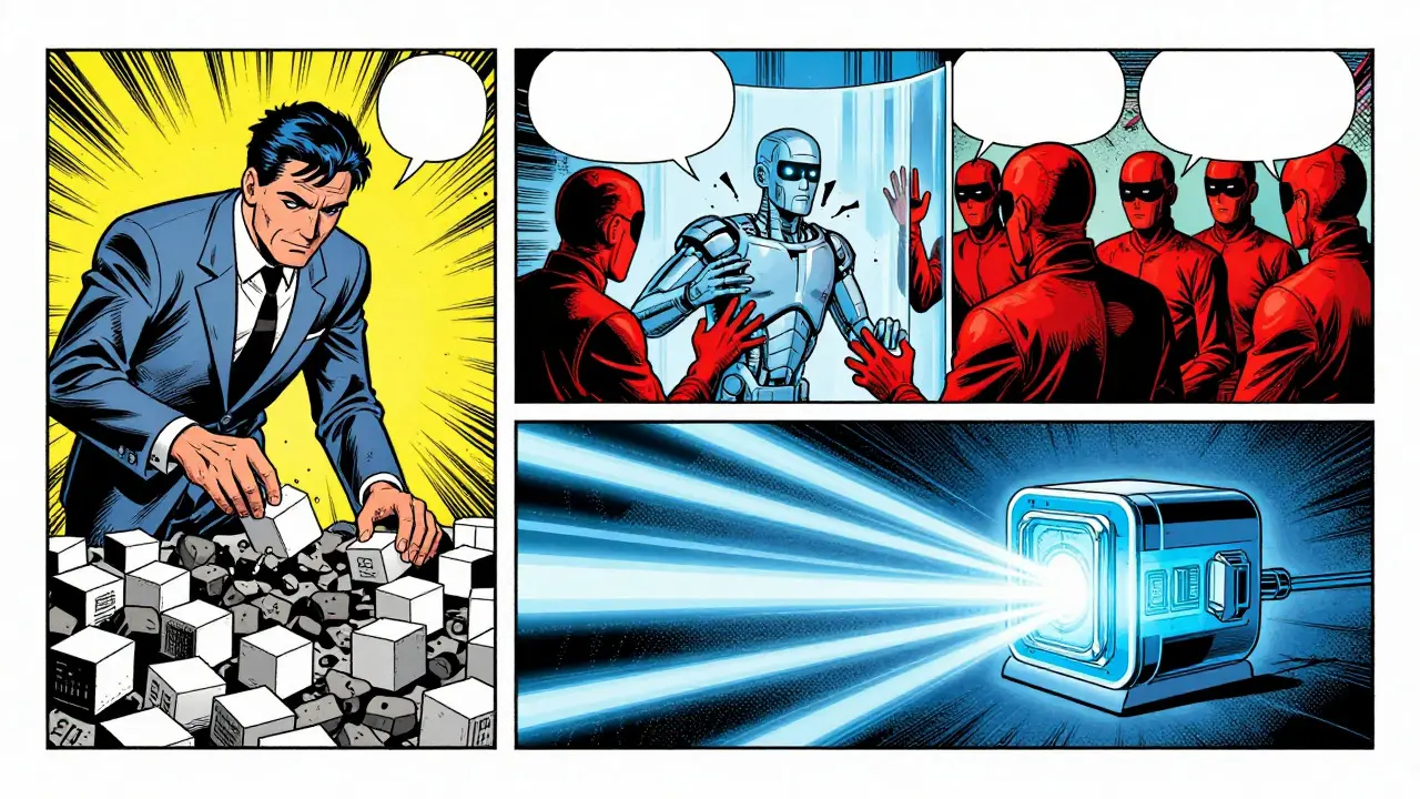 Three-panel comic showing data cleaning, red teaming, and safe AI deployment.