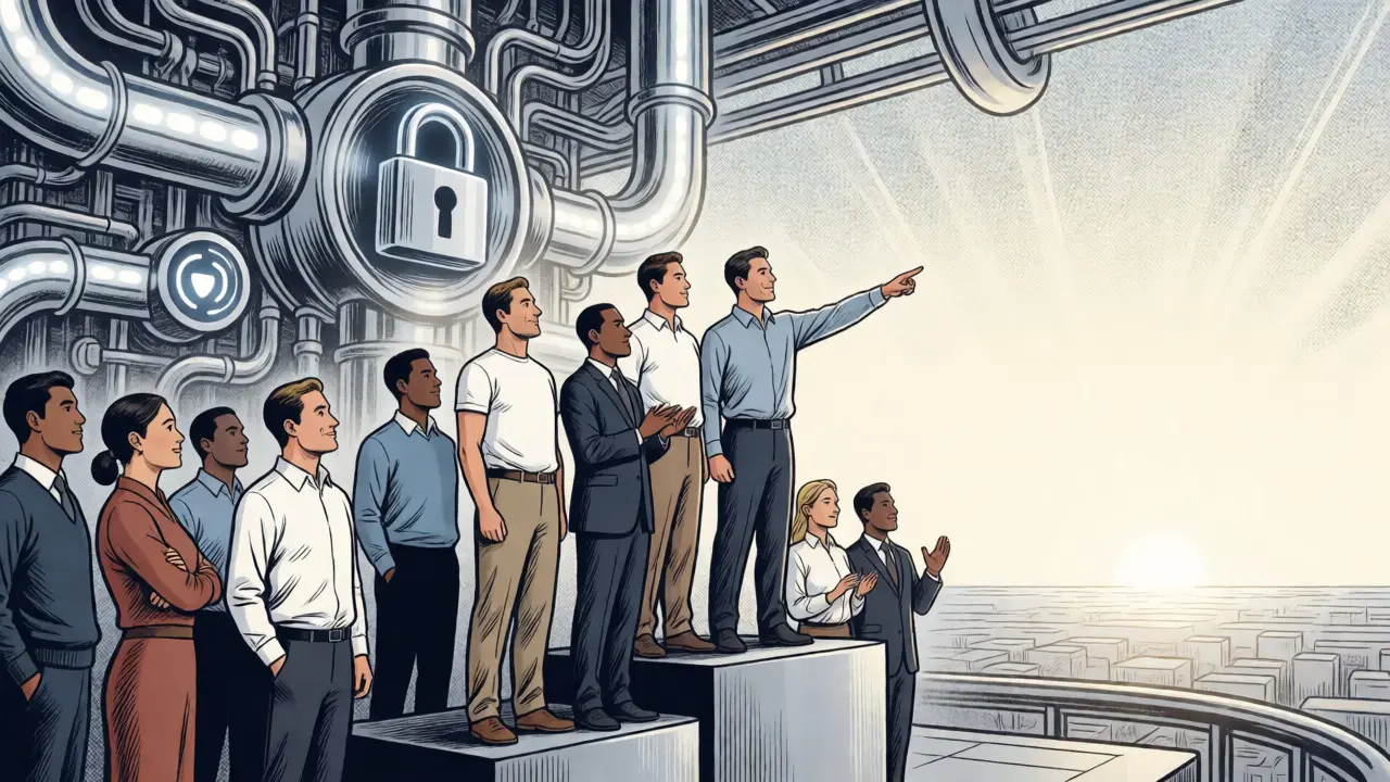 Triumphant development team standing before a secure, efficient CI/CD pipeline