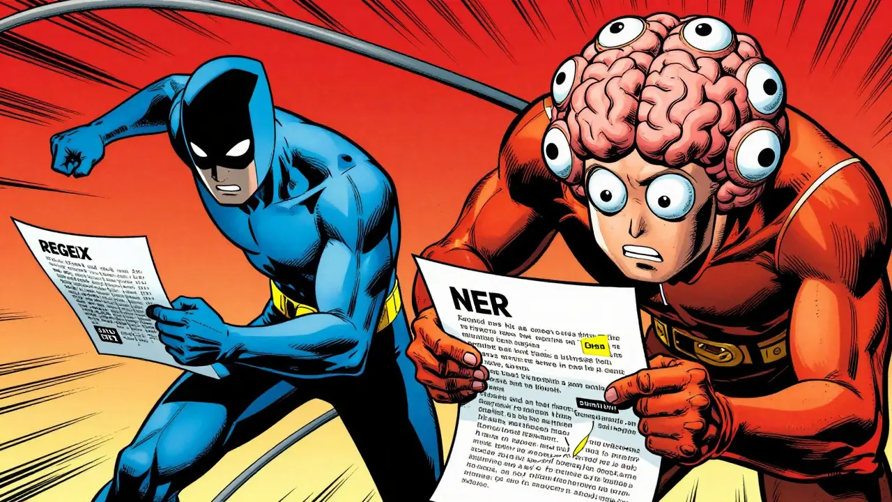 Two characters representing regex and NER models scanning data together