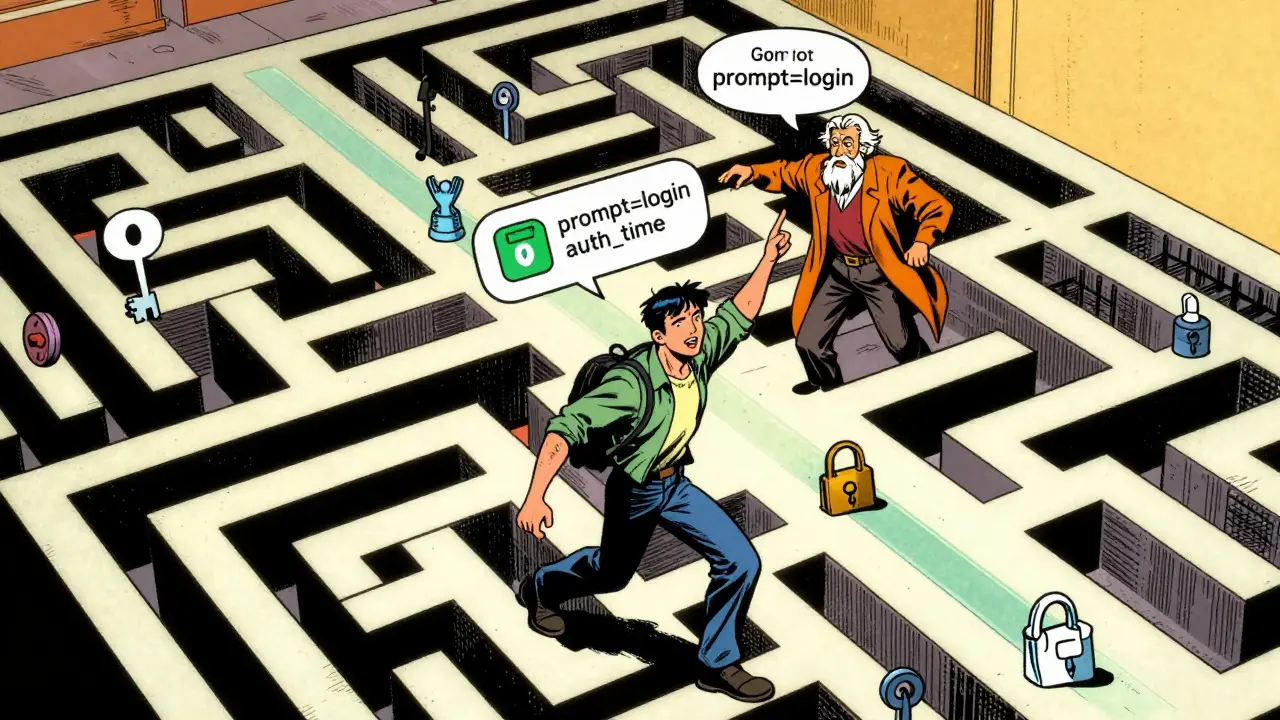 User navigating a security maze with help from smart MFA prompts in Golden Age comic book style.