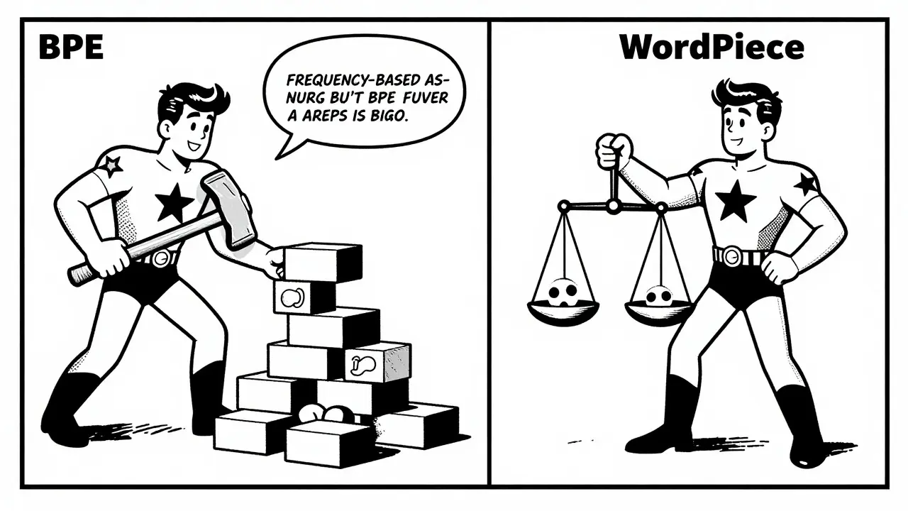Vintage comic art comparing BPE and WordPiece tokenization methods with superheroes