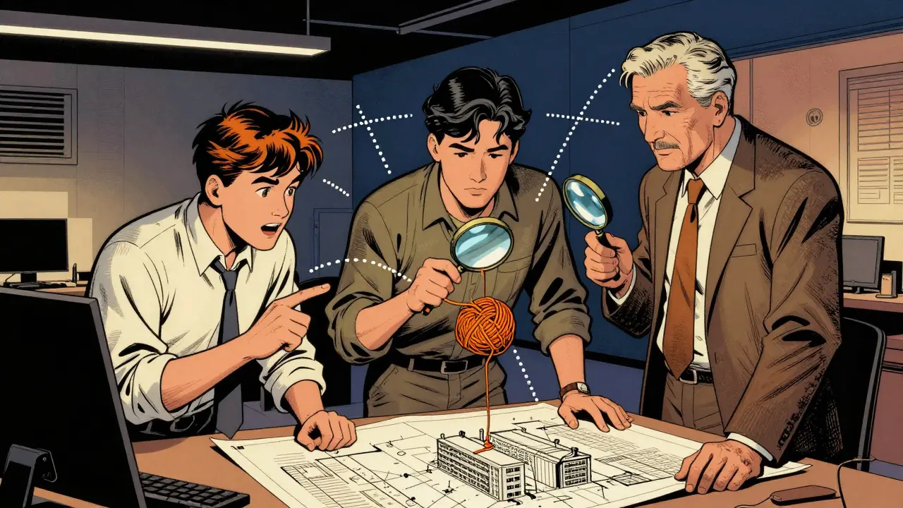 Vintage comic art showing three engineers collaborating on debugging and design