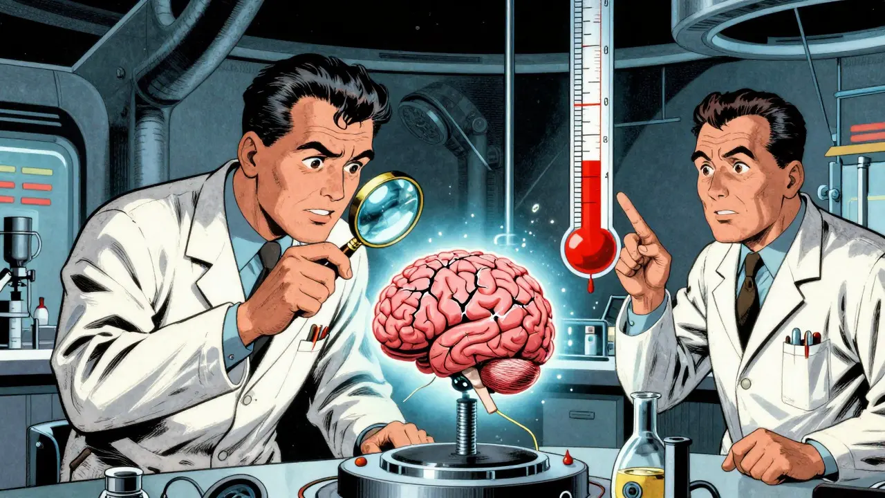 Vintage comic book scene of scientists analyzing AI stability with a magnifying glass