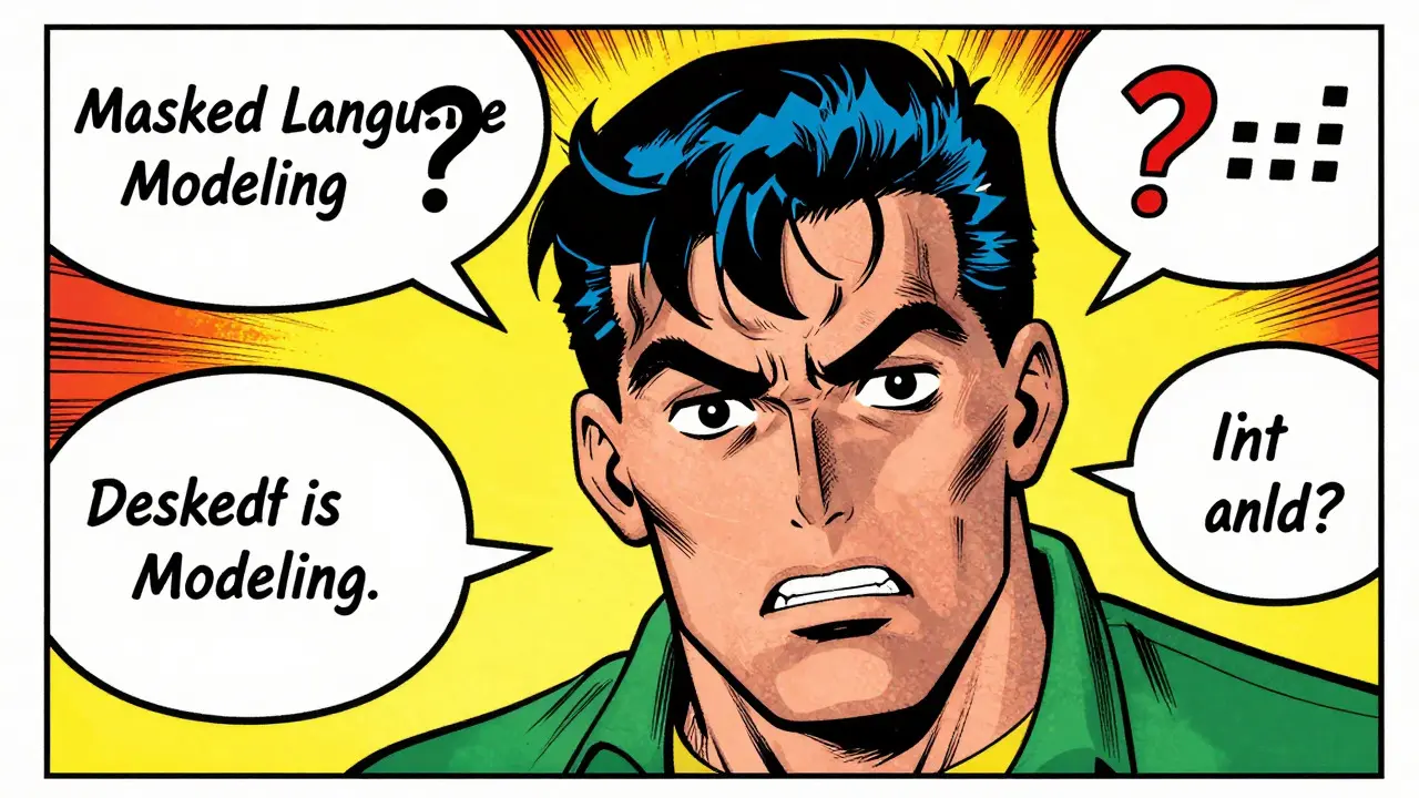 Vintage comic panel of BERT using masked language modeling to understand context.