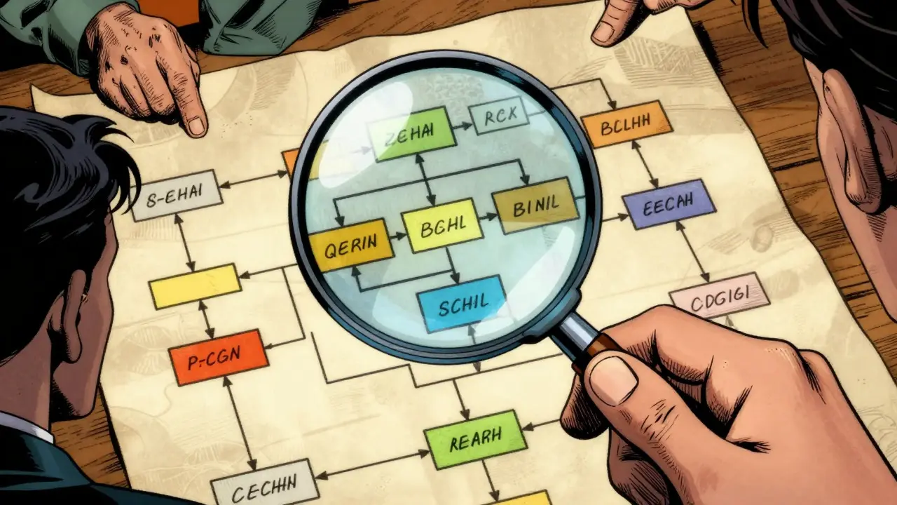 Vintage comic style close-up of a magnifying glass inspecting a logical reasoning flowchart during a review