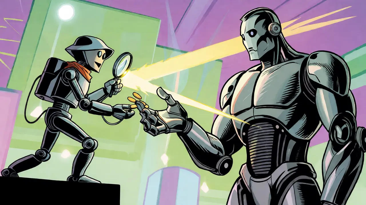 A small scout robot handing verified tokens to a giant AI titan in a comic style.