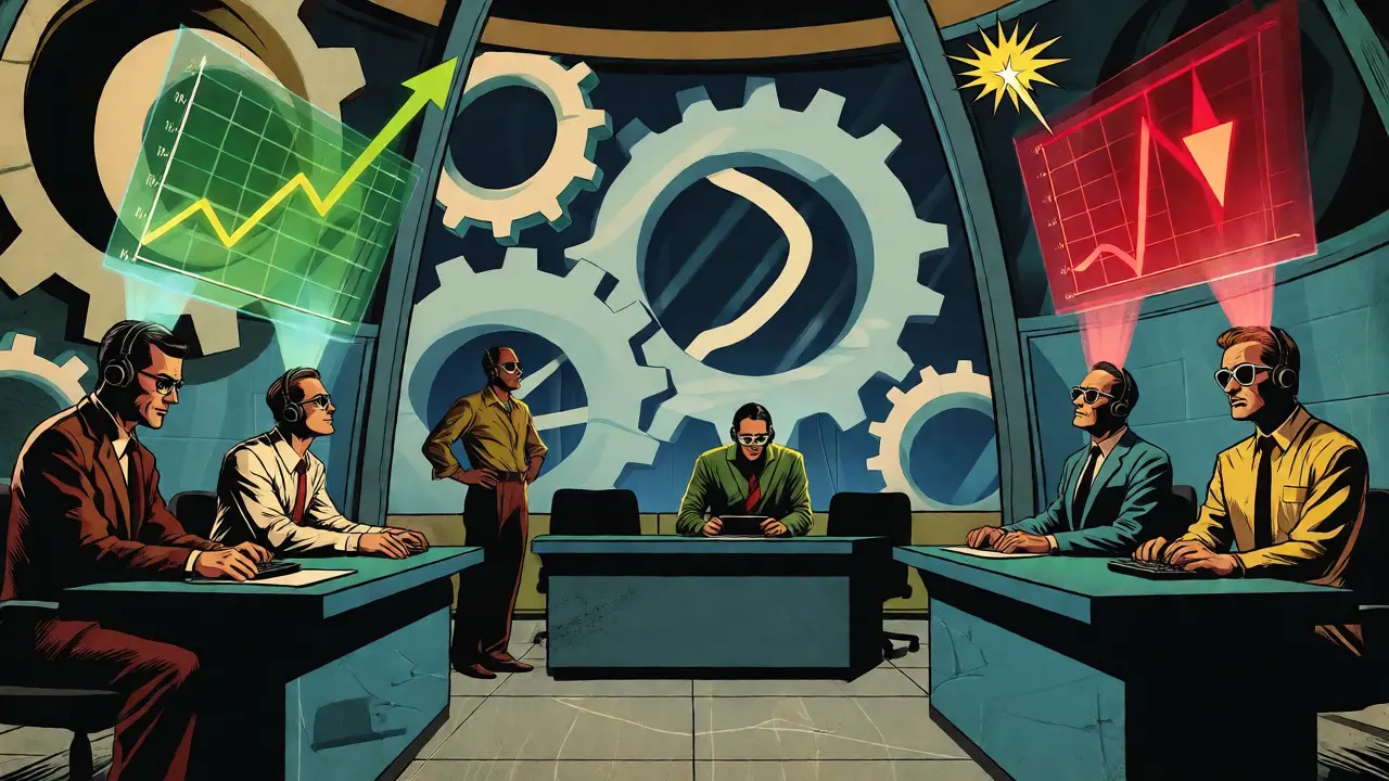 Agents in a command center viewing holographic sentiment trends and data projections.