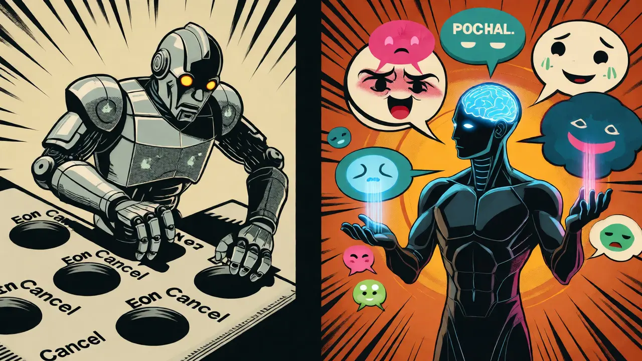 AI figure sorting emotional speech bubbles while a robot struggles with keywords.