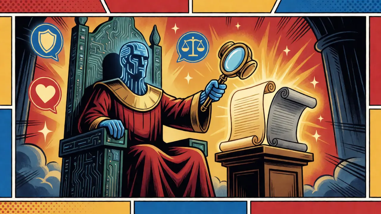 AI judge on circuit board throne evaluates glowing answer scrolls with magnifying gavel