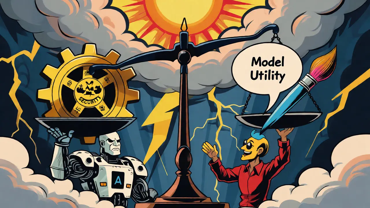 Balance scale weighing security gears against creative utility tools under a stormy comic book sky.
