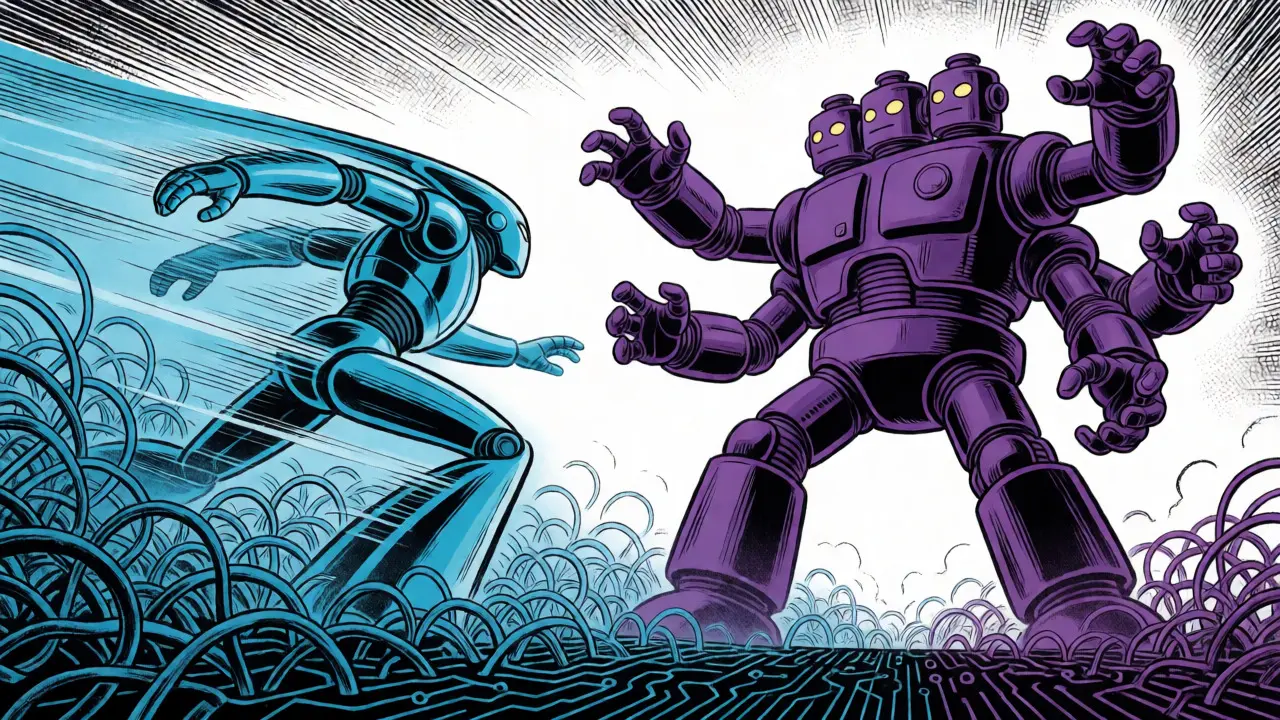 Battle between a streamlined robot and a multi-headed giant on a circuit board.