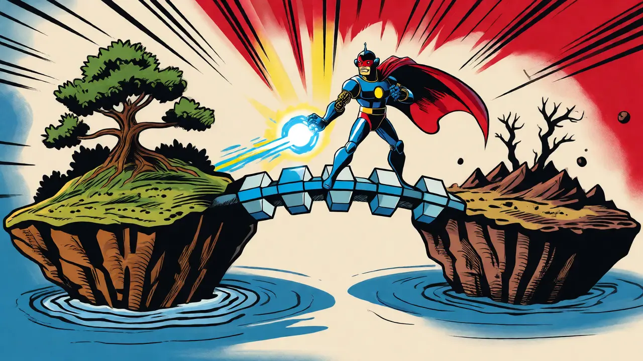 Comic book illustration of transfer learning bridging linguistic gaps with a glowing bridge.