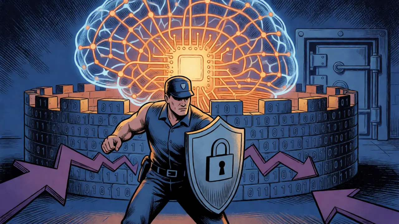 Comic style hero guarding a glowing AI brain behind layers of digital defenses.