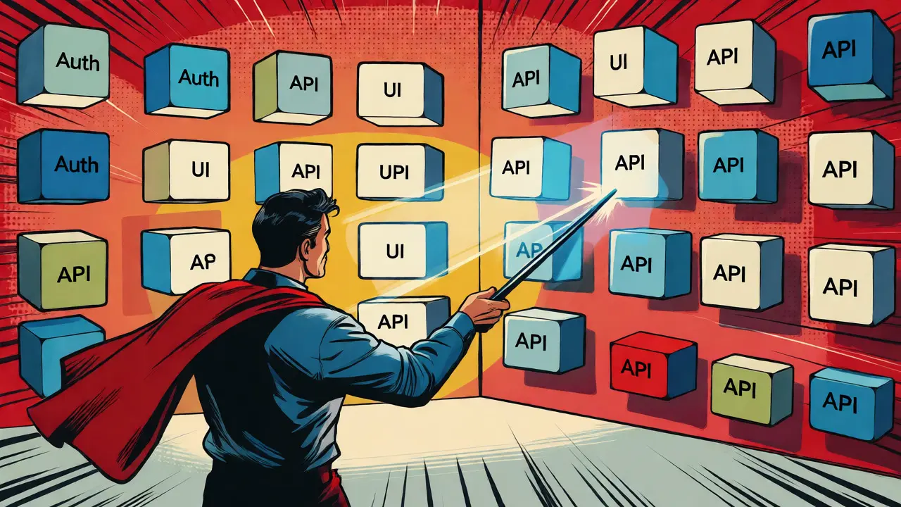 Developer organizing glowing modular blocks representing reusable code snippets.