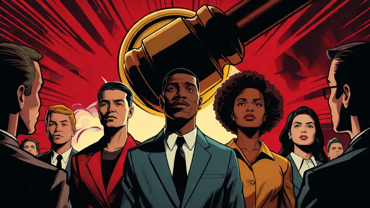 Diverse professionals facing a looming regulatory threat in golden age comic style.