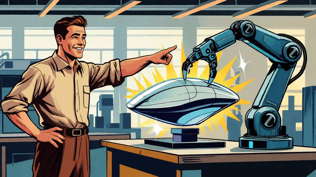 Engineer collaborating with robotic tech to finalize a product model in comic art style.