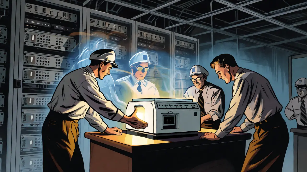 Engineers deploying a small distilled model while a large server fades away.