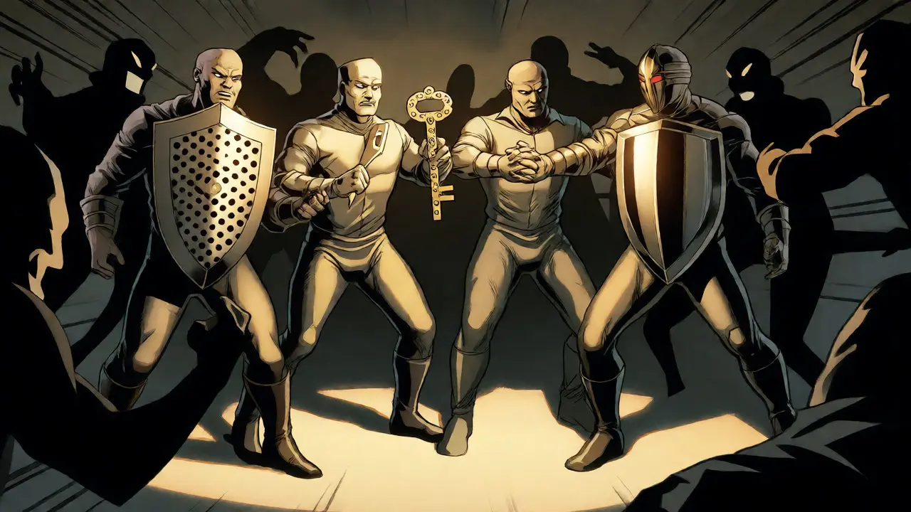 Four guardians with shields blocking shadowy attacks around a central network hub.