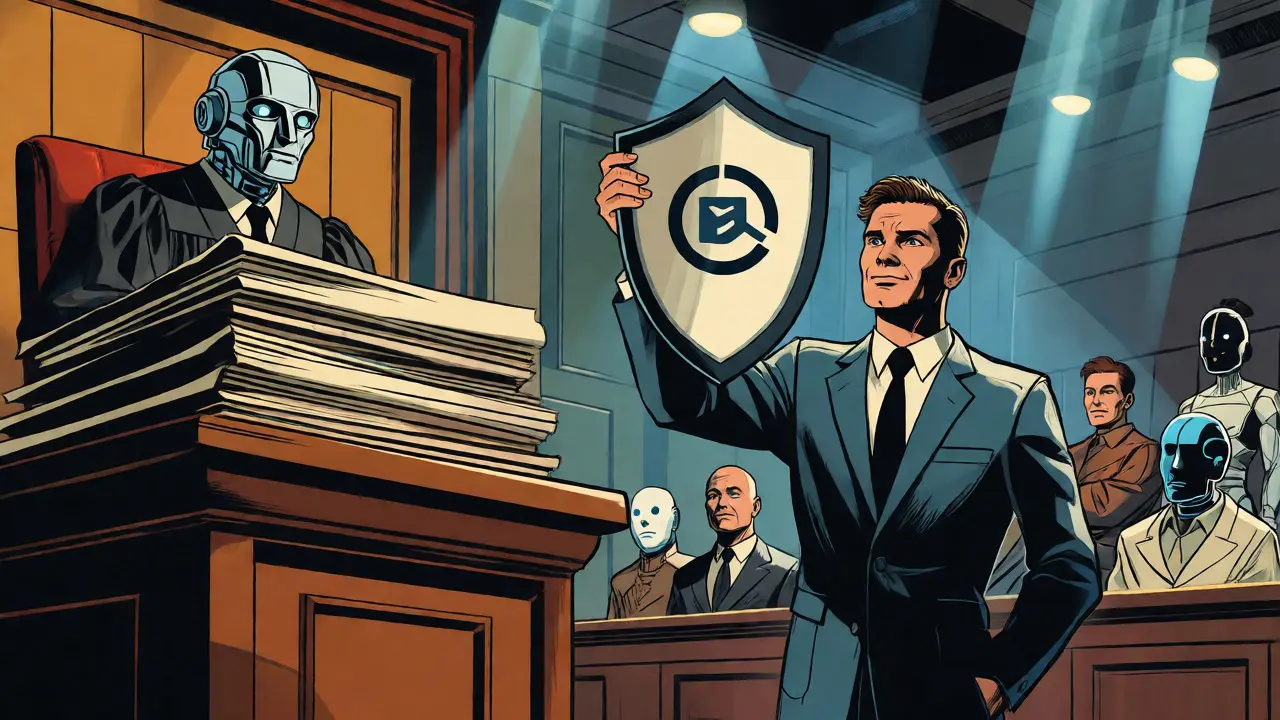 Futuristic comic book courtroom scene with a robot judge and a developer holding a compliance shield.