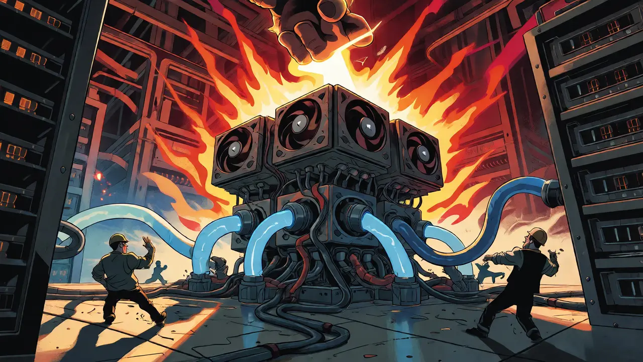 Giant GPU machines generating heat and consuming power, dwarfing tiny engineers in a retro comic scene.