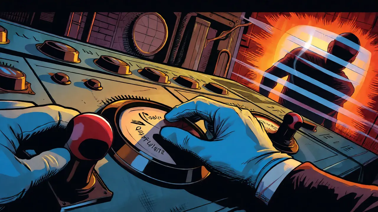 Gloved hands adjusting safety dials on a control panel while blocking a shadowy threat.