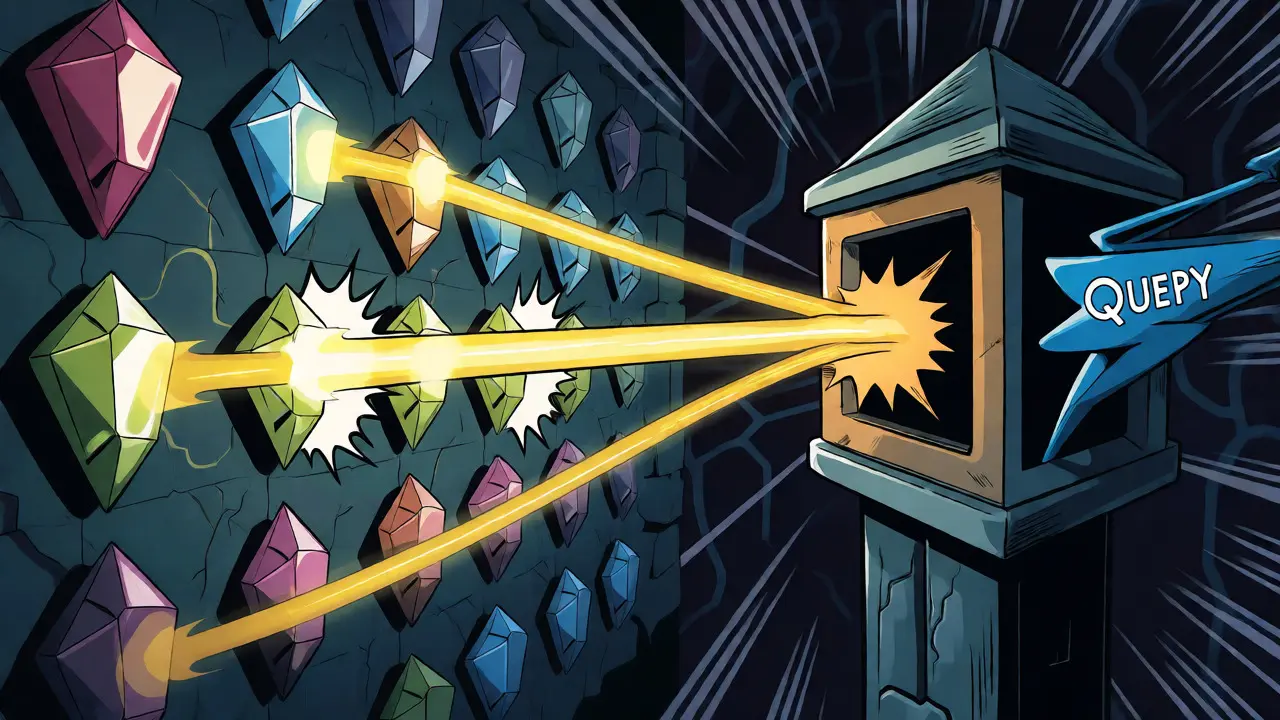 Golden age comic style query vector activating key-value crystals in a network.
