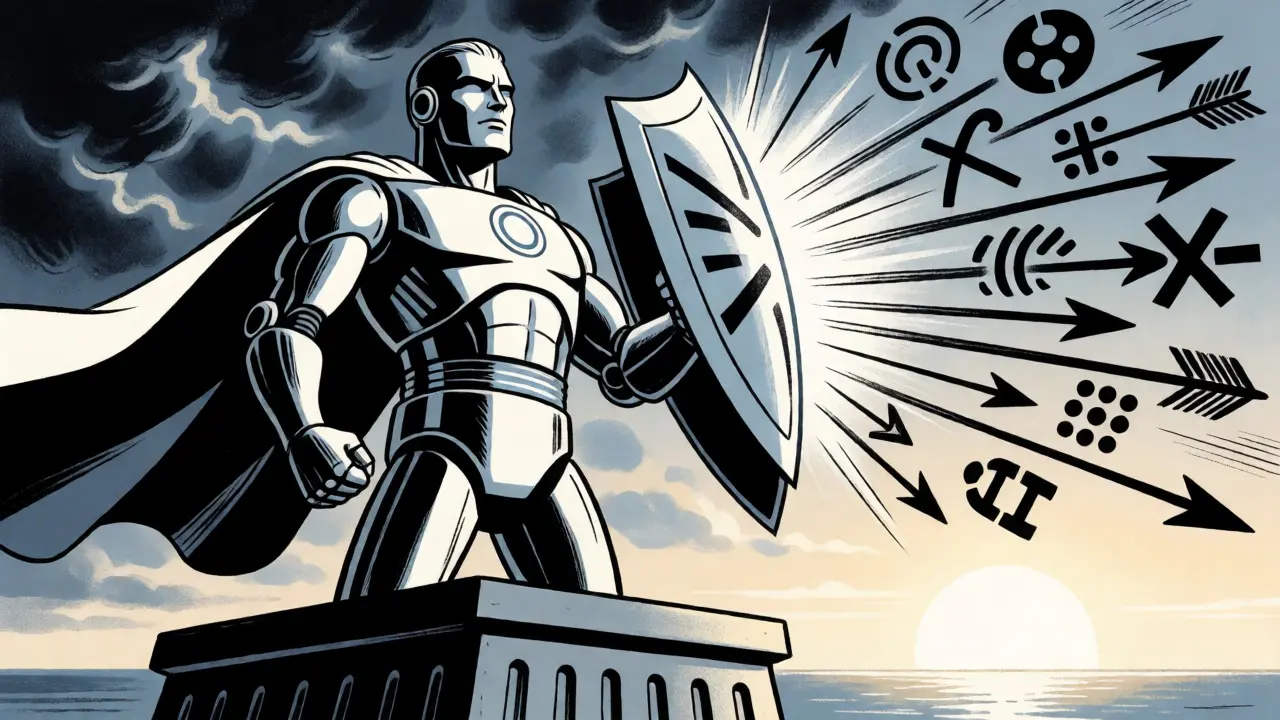 Heroic AI figure defending against complexity with structured shield