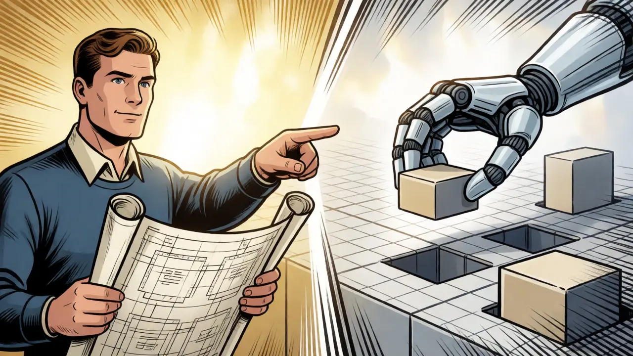 Human architect guiding an AI robot to build a structured software framework.