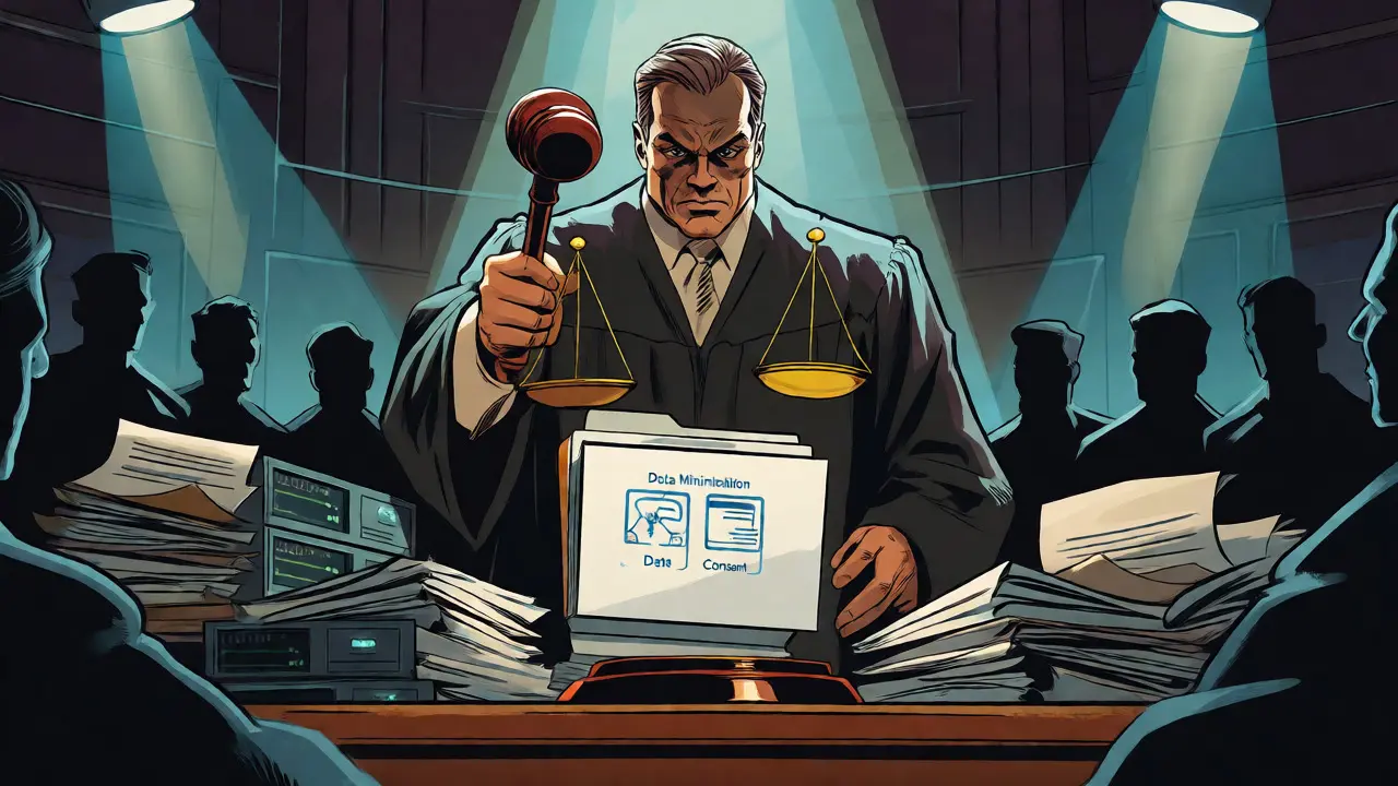 Judge overseeing compliant data files amidst corporate chaos in vintage comic style.