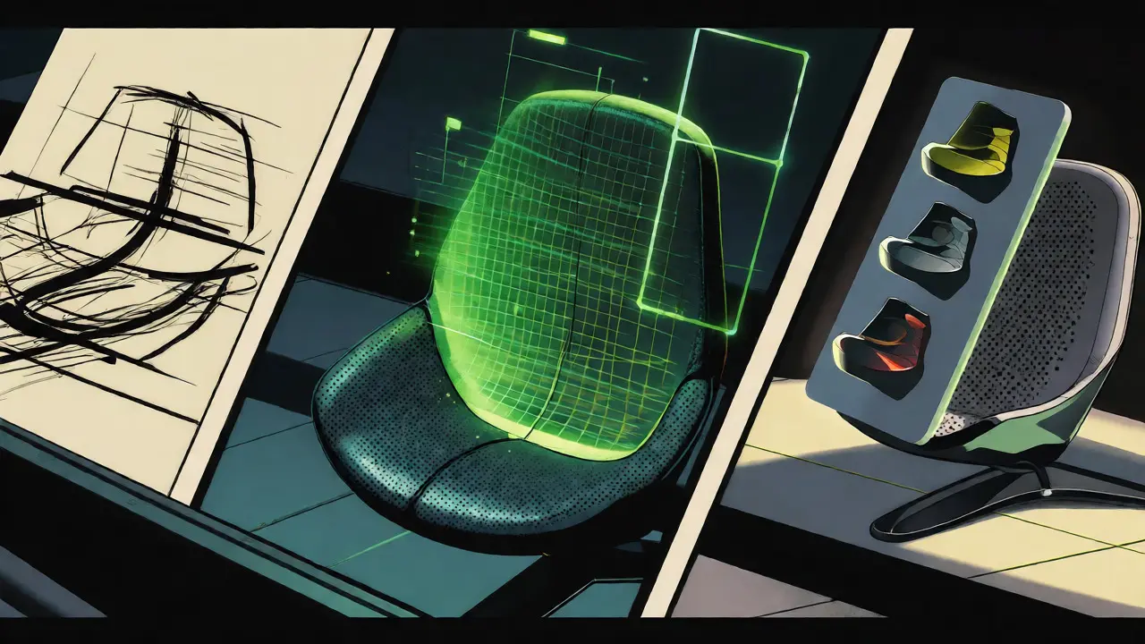 Multi-panel comic sequence showing the rapid evolution and testing of a product design.