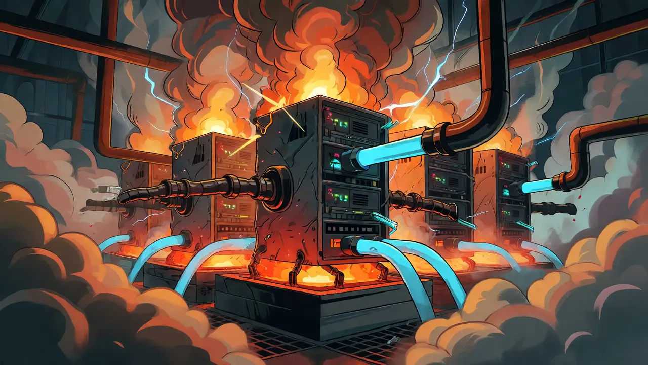 Overheating server robots emitting steam and surrounded by cooling pipes in a vintage comic illustration.