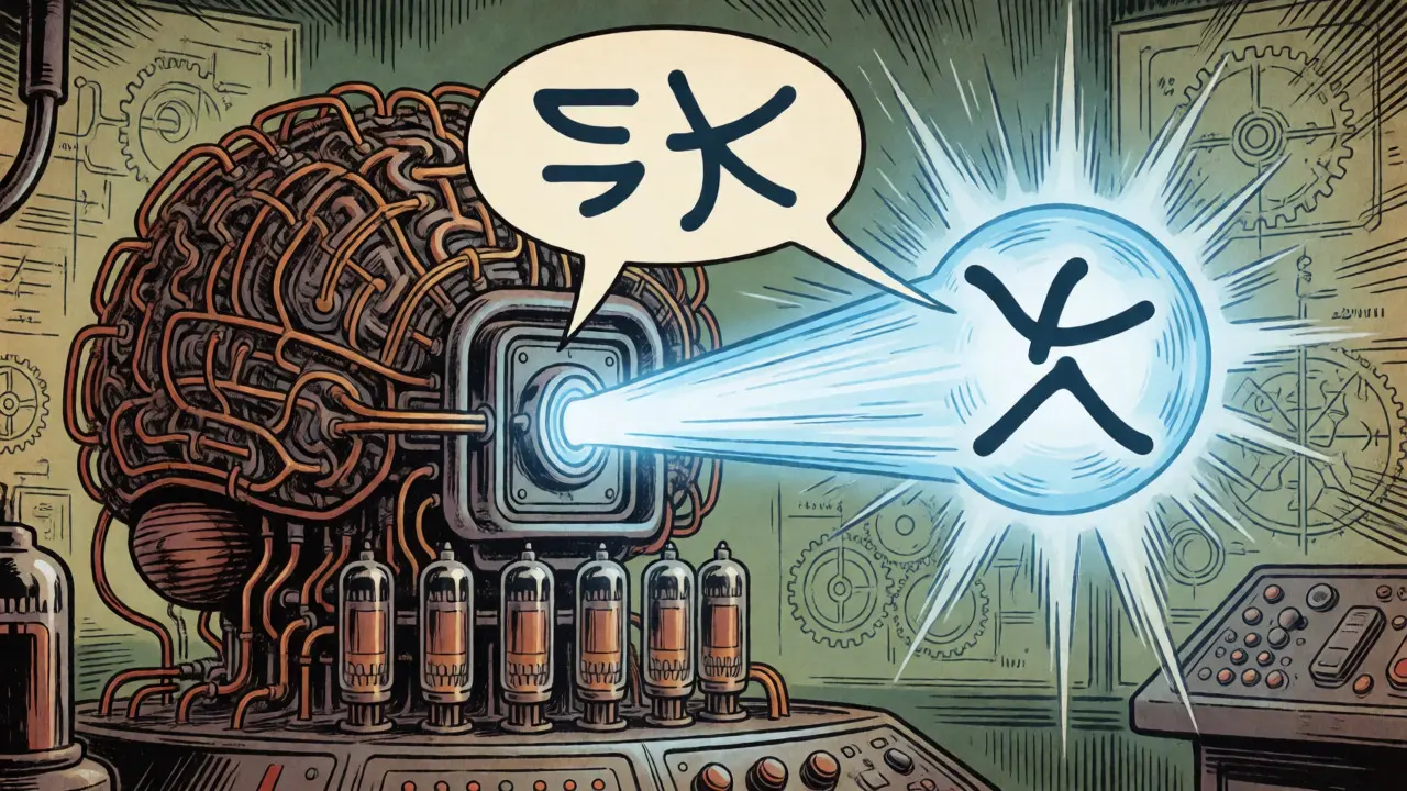Retro-futuristic machine connects cat and feline symbols via blue semantic light beam
