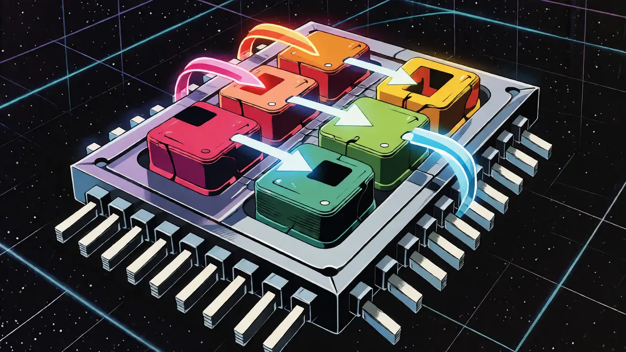 Retro-futuristic processor with glowing expert modules illustrating MoE routing in Golden Age comic art.
