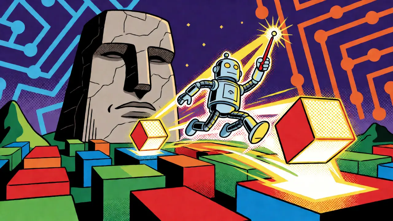 Robot agent navigating a digital maze to optimize AI prompts dynamically.