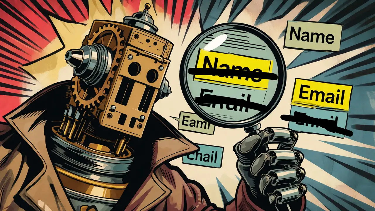 Robot detective masking personal data fields within a golden age comic scene.