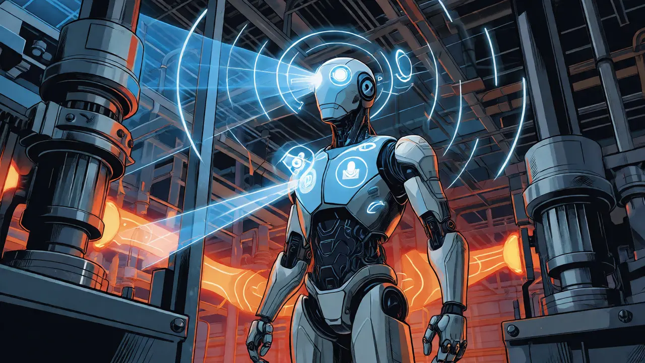 Robot in a factory using sensor fusion to monitor machine health