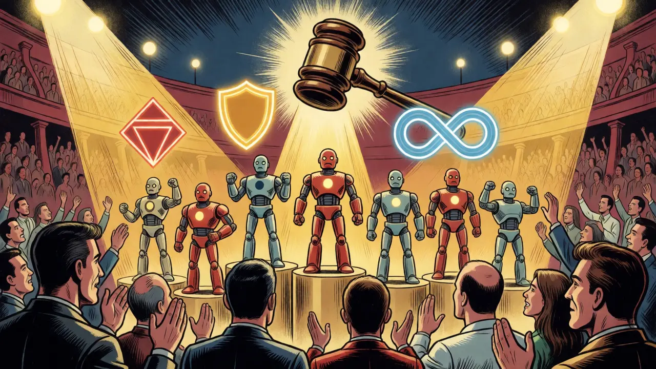 Robotic contestants on podiums facing a giant gavel in a comic arena.