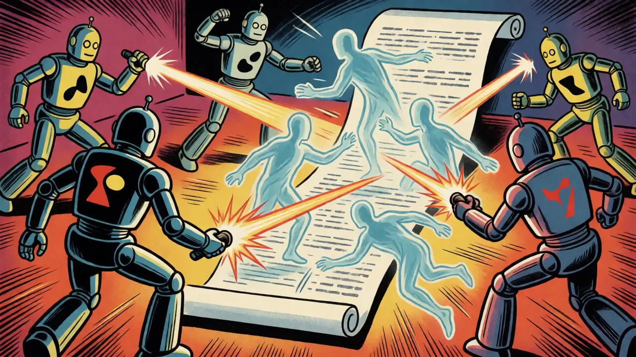 Robots battling ghostly figures emerging from a long document scroll.