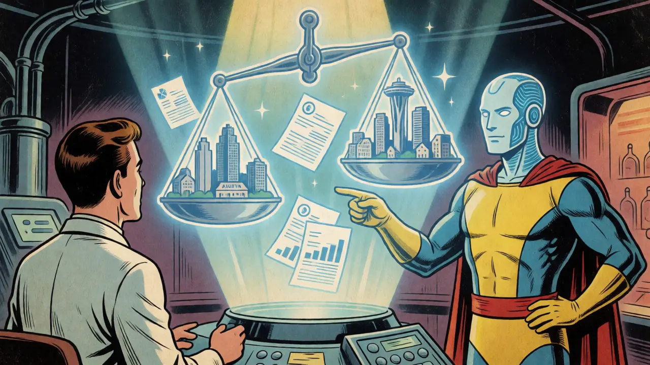 Scientist observing balanced comparison of city real estate data