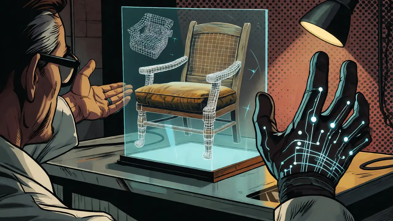 Scientist viewing a generative 3D chair hologram with haptic feedback gloves
