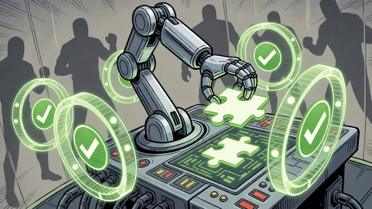 Silver robotic arm passing through zero trust verification gates in a comic scene.