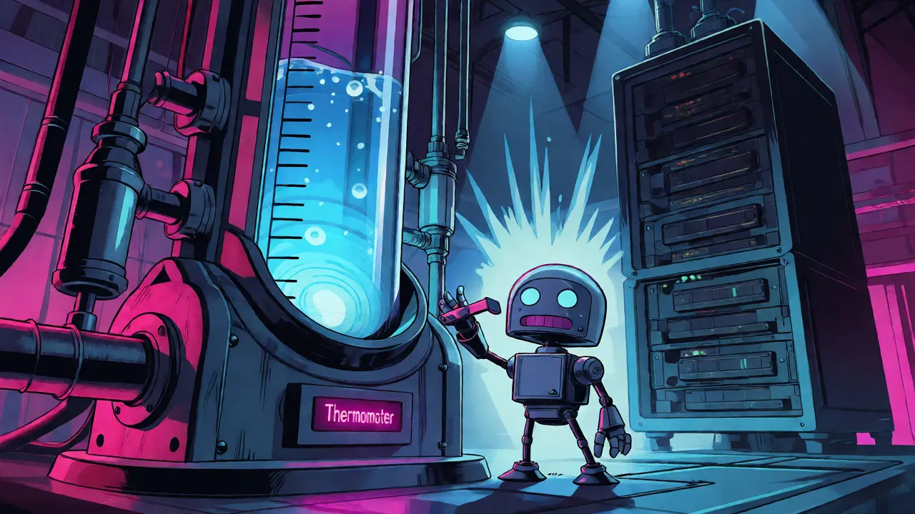 Small robot adjusts thermometer device next to giant LLM server in retro sci-fi lab