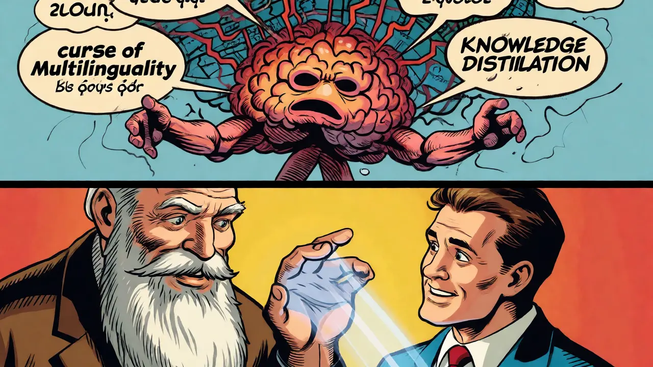 Split-panel comic contrasting multilingual strain with efficient knowledge distillation.