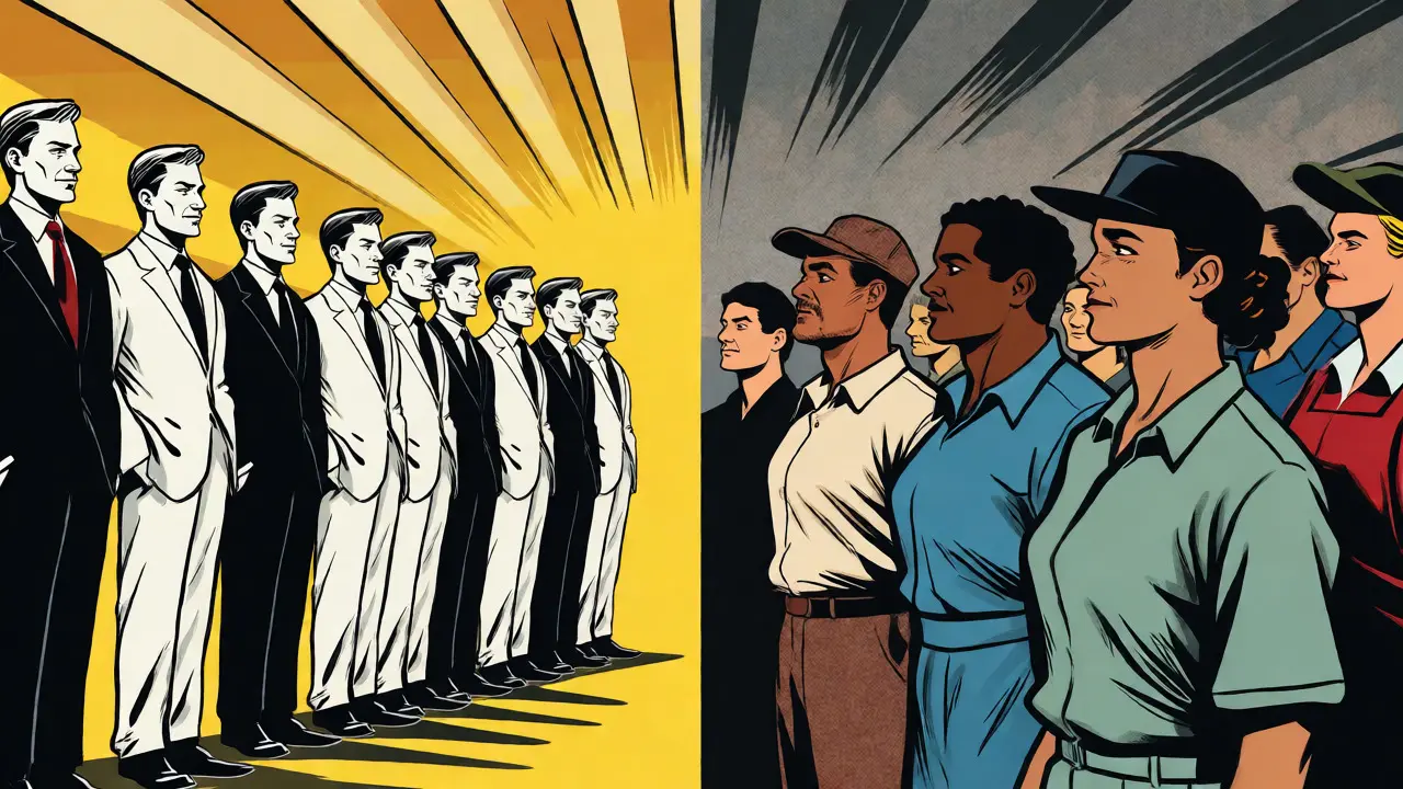 Split-panel comic contrasting uniform white male executives with diverse service workers.